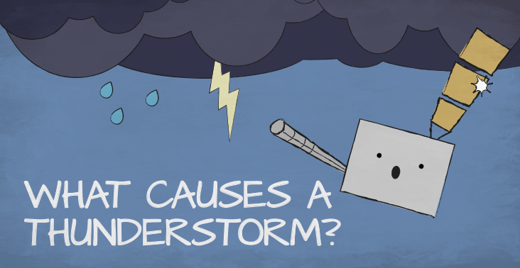 Cartoon illustration of the GOES-R spacecraft in the sky in the midst of a thunderstorm with text that read What causes a thunderstorm?