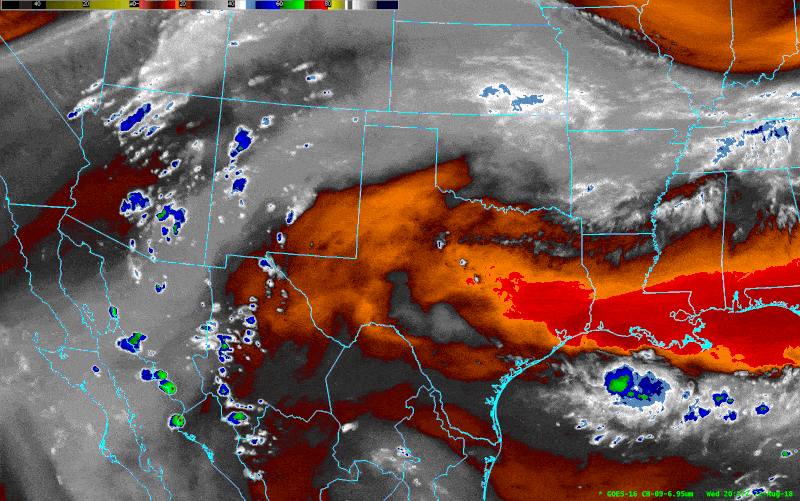 A satellite image of the U.S. Southwest and northern Mexico show light blue outlines of each state border. Green and blue blobs appear and move clockwise over parts of Mexico, Arizona and New Mexico, representing thunderstorms. Orange and red over Texas and Louisiana represent dry air.